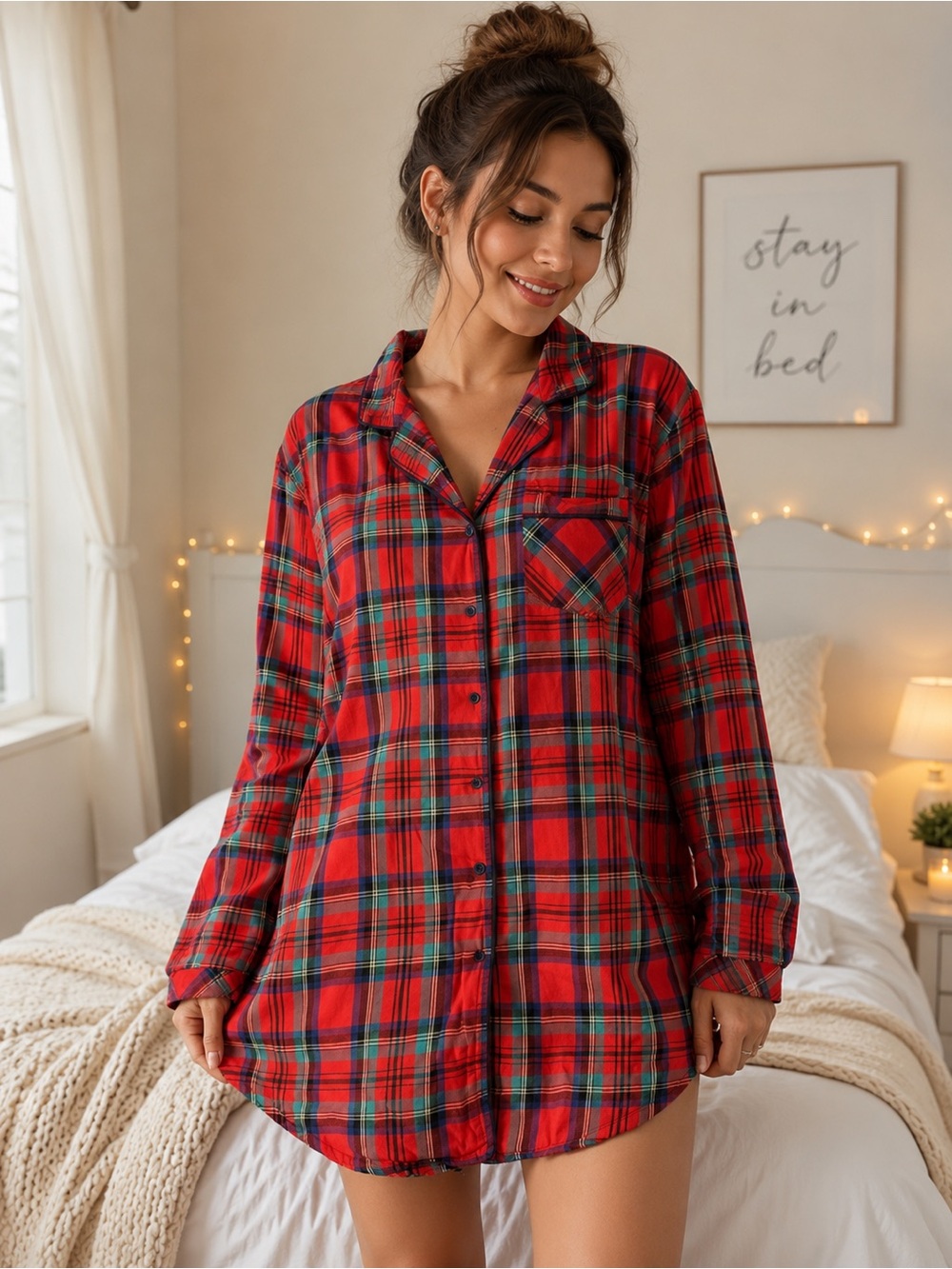 Victoria’s Secret Nightgown shirt Red plaid Button down Long Sleeve Size Medium